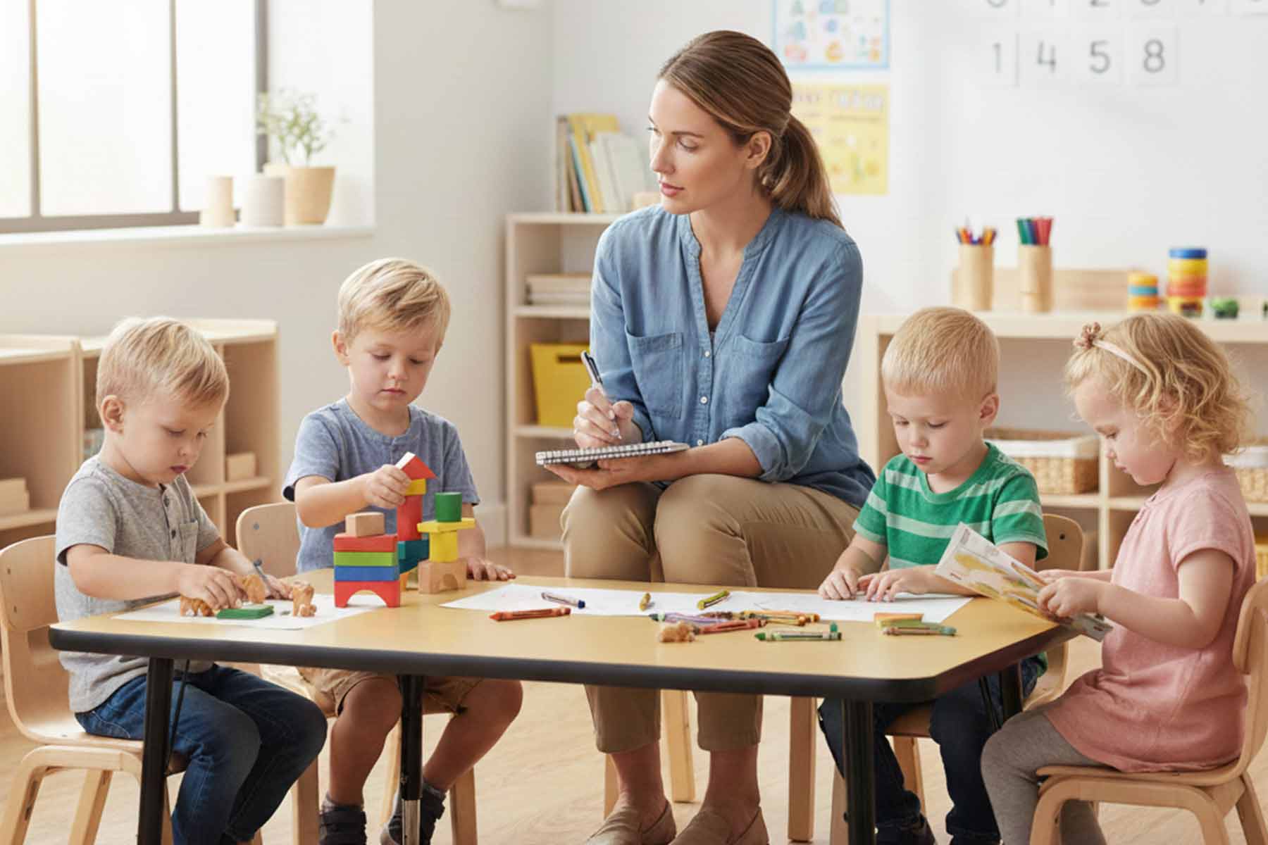 Daycare teacher recording on children's anecdotal records during classroom playtime