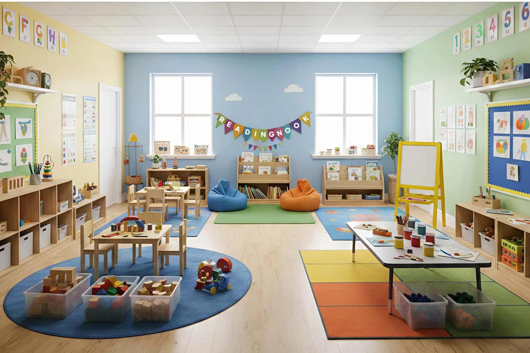 A daycare room with distinct learning areas for building blocks, art activities, and reading