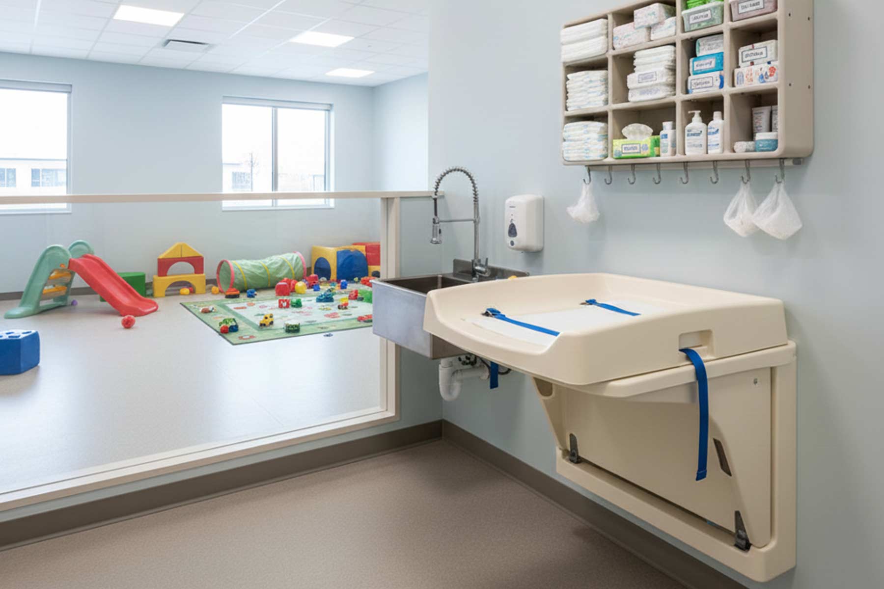 A diapering station inside a daycare room with a wall-mounted table and caddies