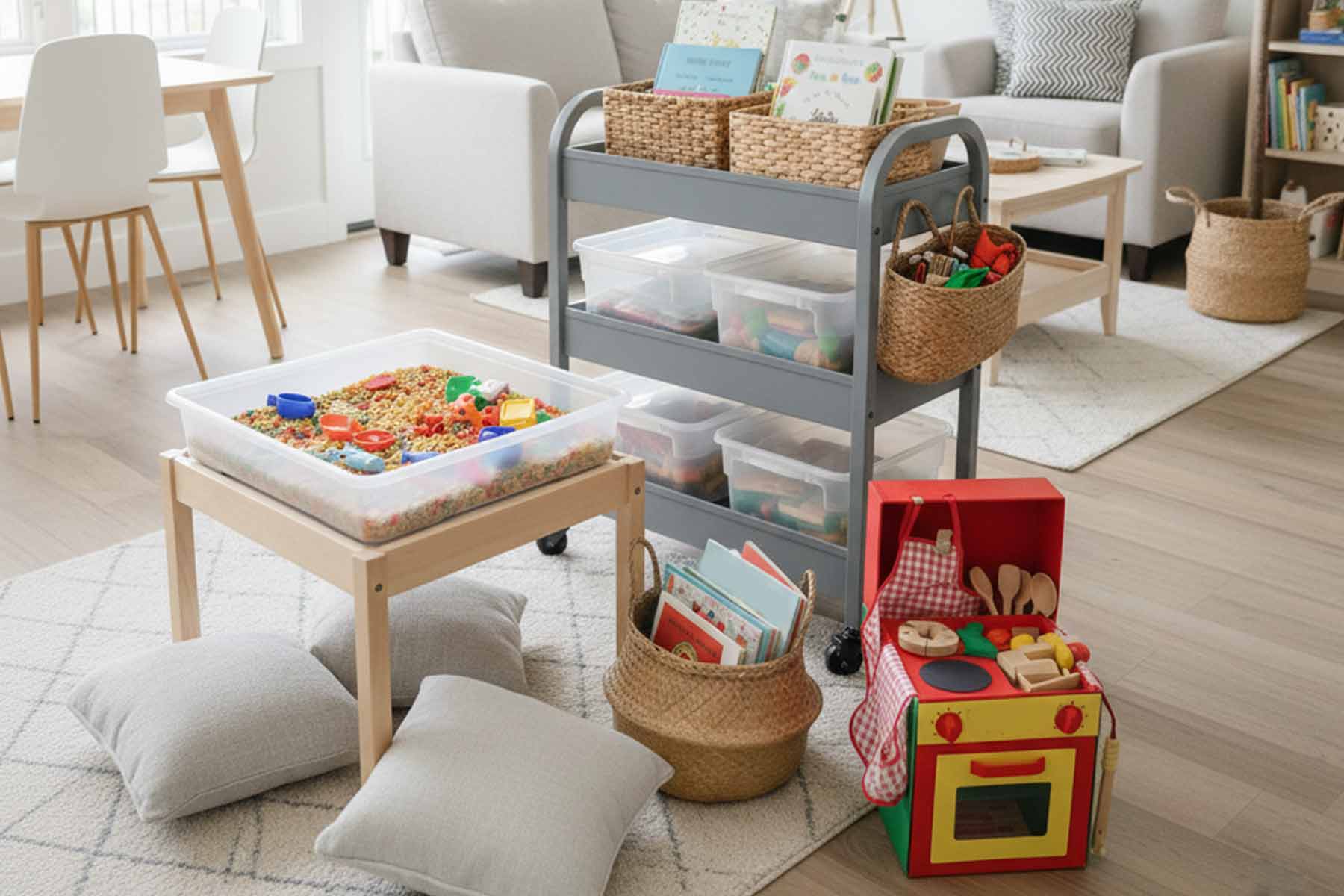 A portable activity station with a book basket and dramatic playbox