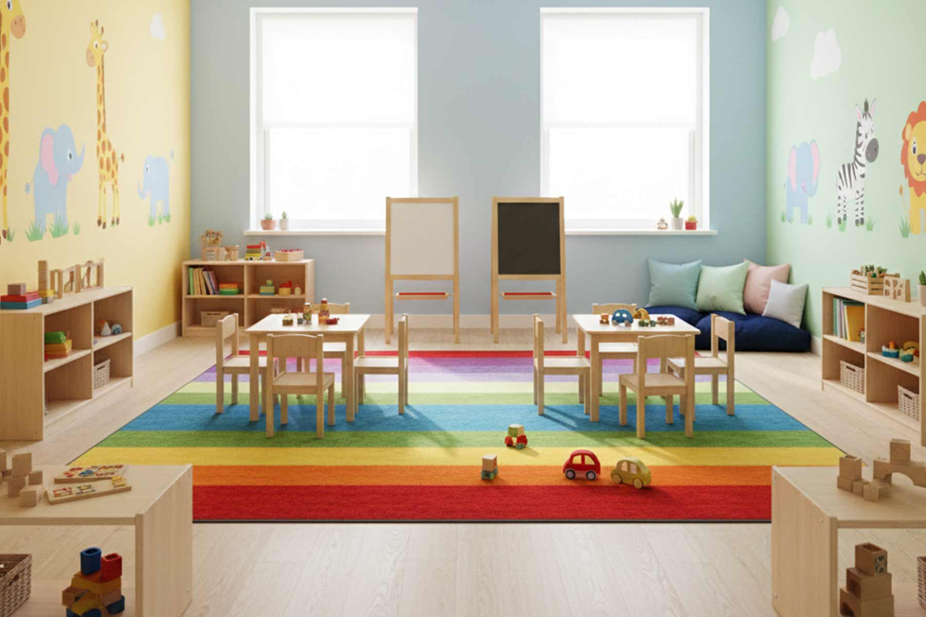 A cozy daycare room with soft elements like pillows and carpets for comfort and sound dampening