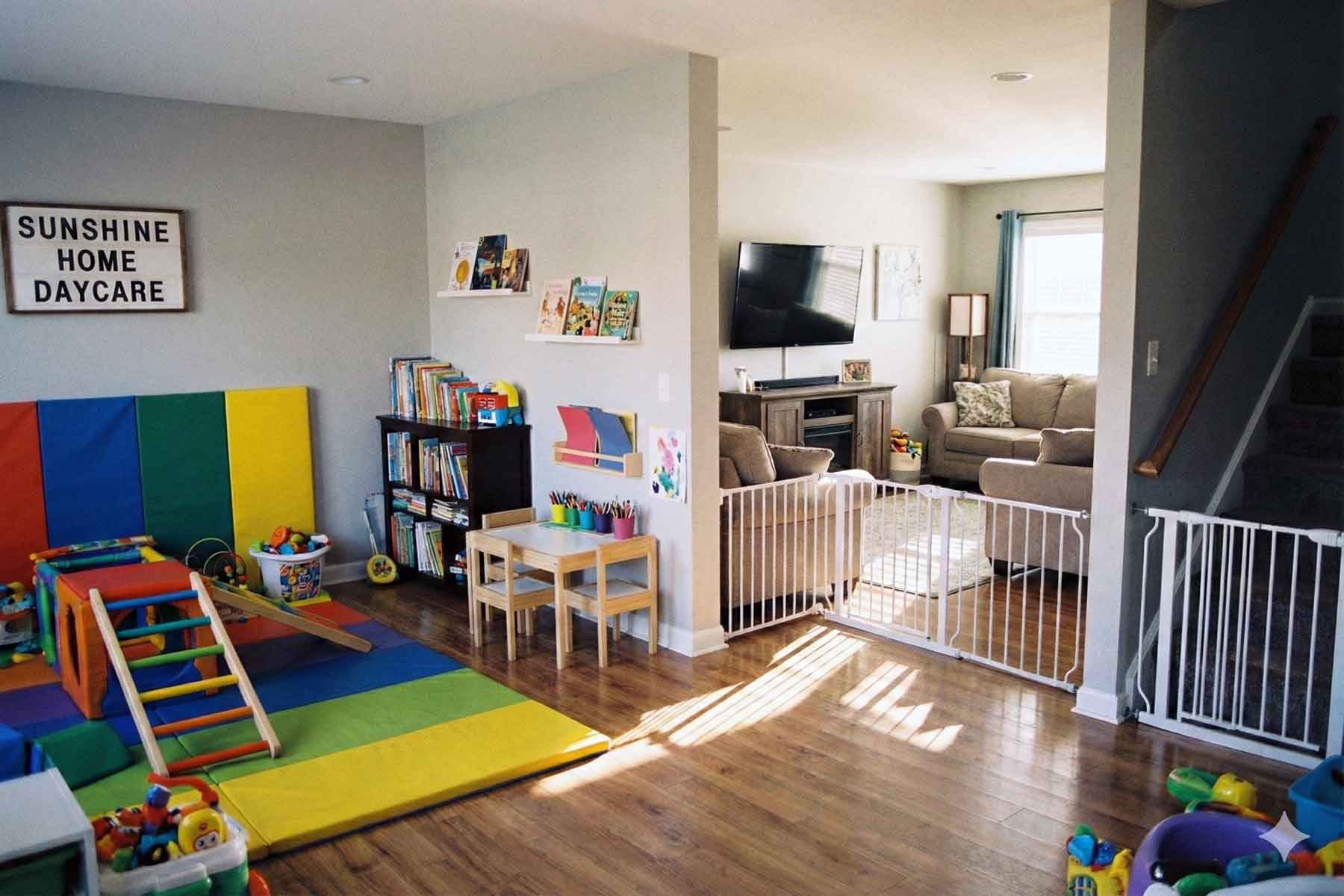 An in-home daycare with a colorful play area and reading area, with baby gates blocking the stairs and living room