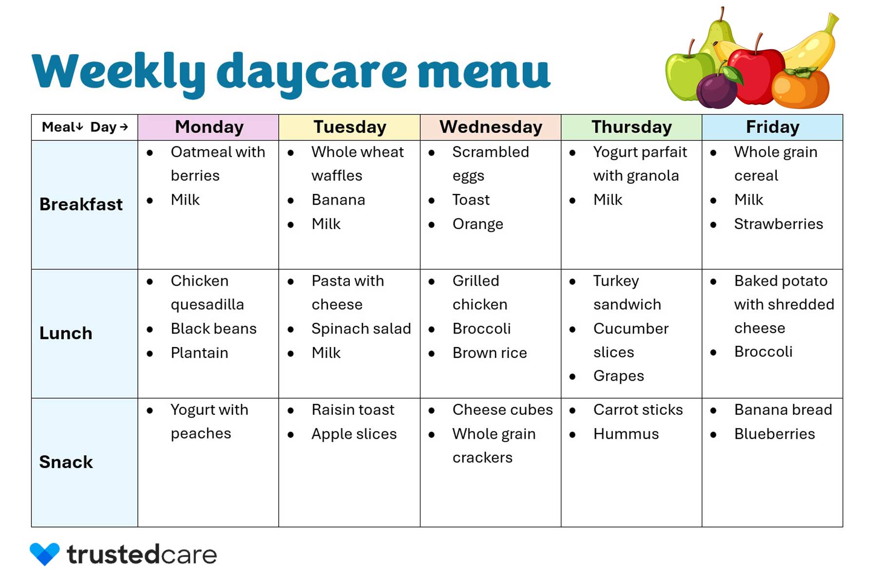 Daycare menu ideas - Sample weekly daycare menu Daycare menu ideas - Sample weekly daycare menu